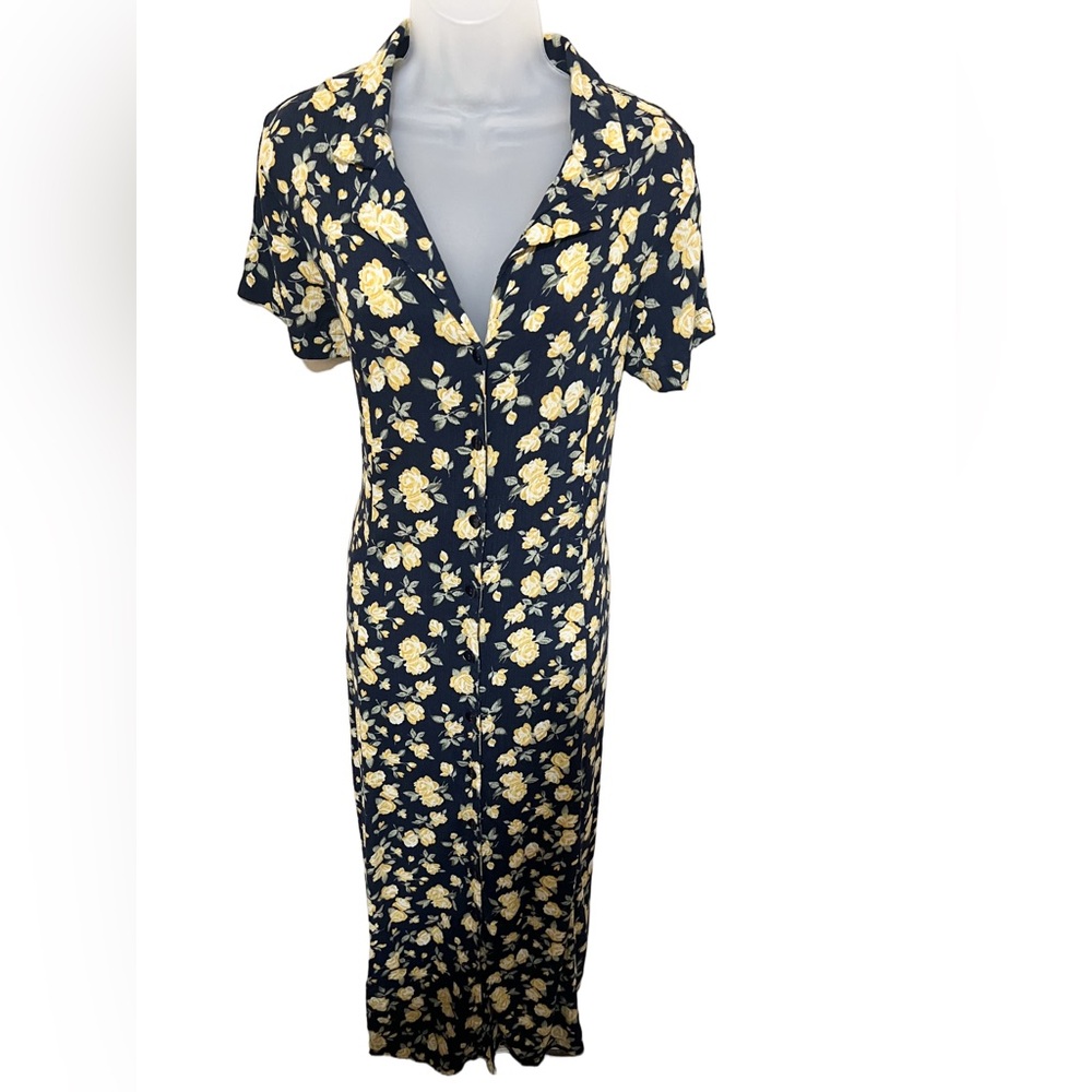 Vintage Fashion Bug 16 Maxi Shirt Dress Collar Button Navy Yellow Floral Women